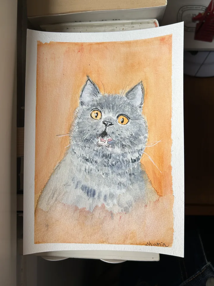 A grey cat with golden eyes, painted on an orange background